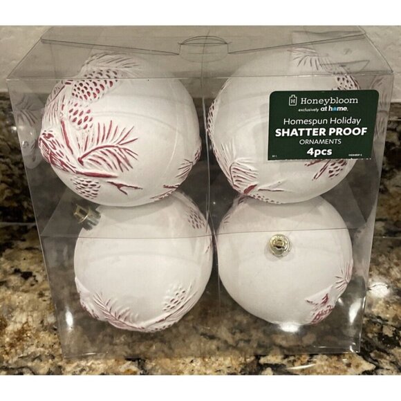 Cardinal Red Bird Pinecone Branch Round Ball Holiday Ornament NEW 4 Piece Rustic - Picture 2 of 4